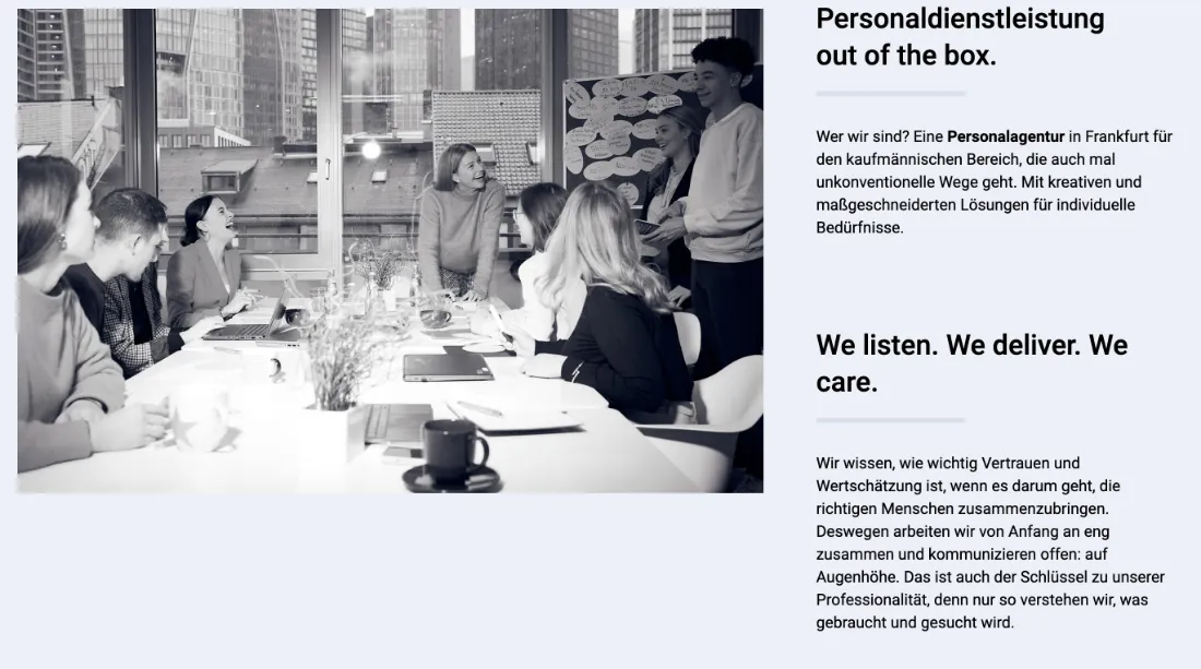 Ausschnitt der Website von A-TEAM Zeitarbeit und Personalmanagement GmbH, Frankfurt am Main: Standort und Spezialisierung gleich im ersten Absatz — wer sucht, erkennt sofort, ob die Agentur zu Branche und Region passt.