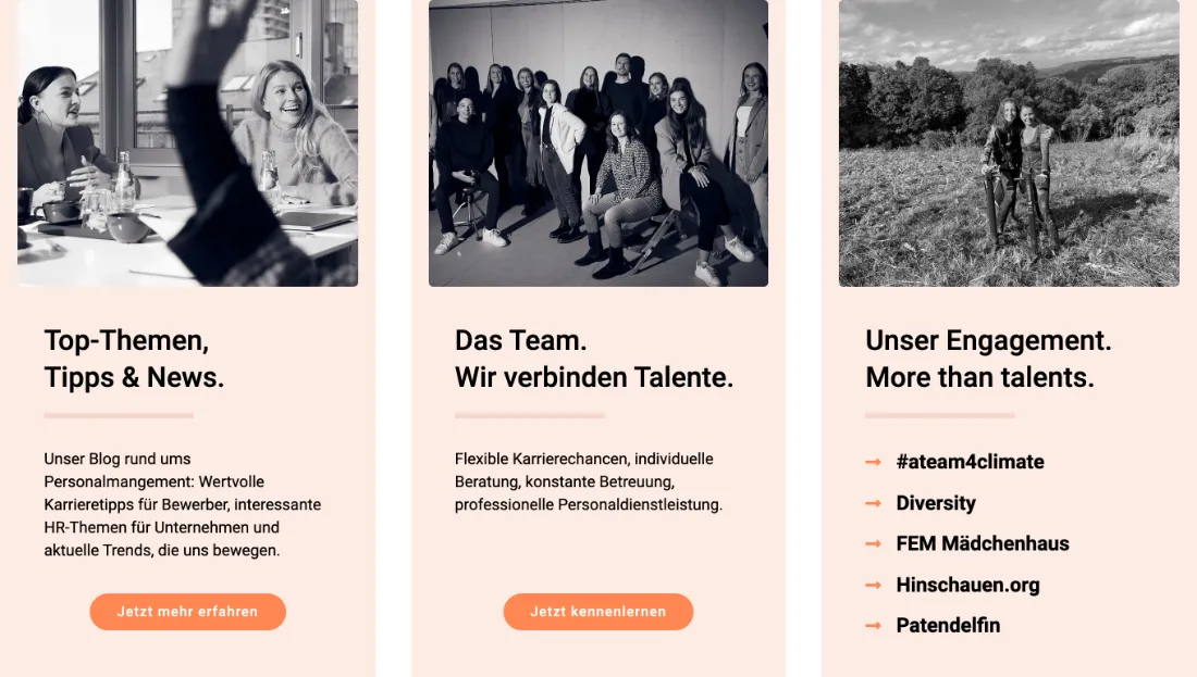 Ausschnitt der Website von A-TEAM Zeitarbeit und Personalmanagement GmbH, Frankfurt am Main: Drei Kacheln führen zu Blog, Team und Engagement — so gibt es drei klare Wege weiter; fünf Links benennen konkrete Initiativen.