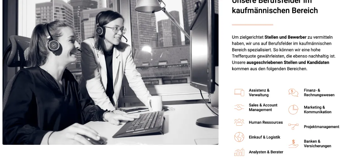 Ausschnitt der Website von A-TEAM Zeitarbeit und Personalmanagement GmbH, Frankfurt am Main: Neun Berufsfelder mit passenden Icons — die Spezialisierung wird greifbar und erlaubt schnelles Scannen statt langer Erklärtexte.