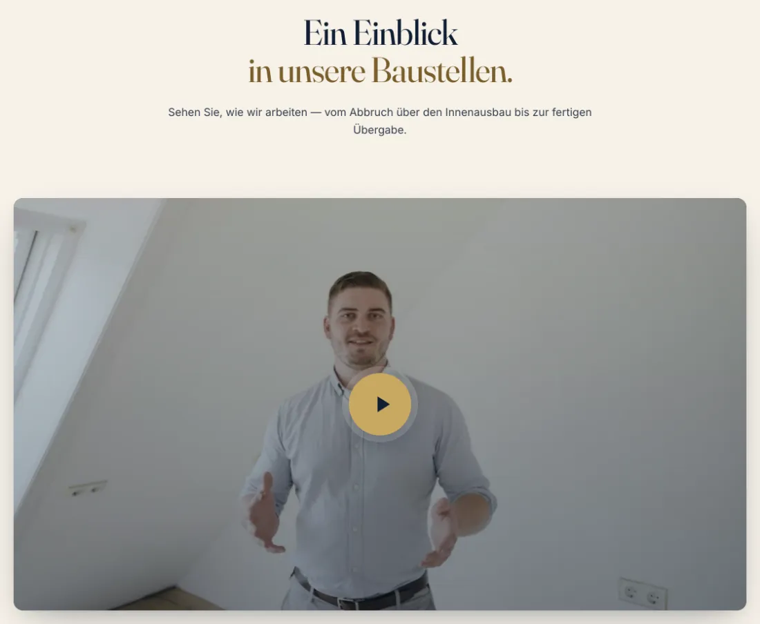 Ausschnitt der Website von ATLAS PROJECTS GmbH, Frankfurt am Main: Klare Überschrift und Video-Einblick — wer sucht, sieht die Arbeit in Echt, von Abbruch über Innenausbau bis zur Übergabe.