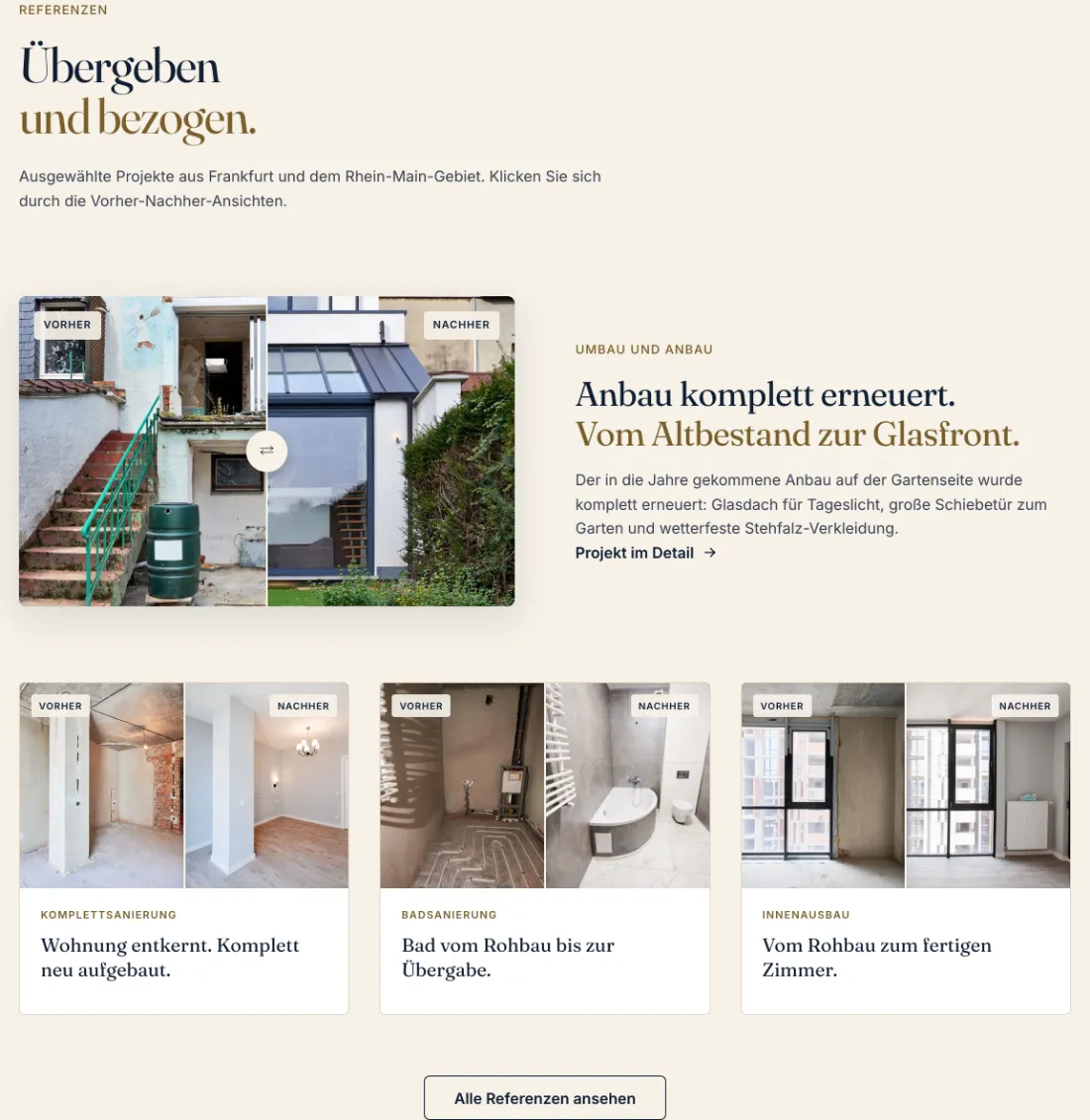 Ausschnitt der Website von ATLAS PROJECTS GmbH, Frankfurt am Main: Vorher-Nachher-Slider und vier Projekte auf einen Blick — der Besucher muss nichts erraten, Ergebnisse werden belegt.