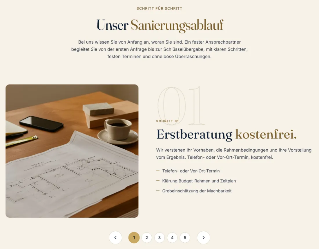 Ausschnitt der Website von ATLAS PROJECTS GmbH, Frankfurt am Main: 5-Schritte-Ablauf, Schritt 1 kostenfrei mit drei Punkten — wer plant, kennt Budget, Termine und Machbarkeit im Voraus.