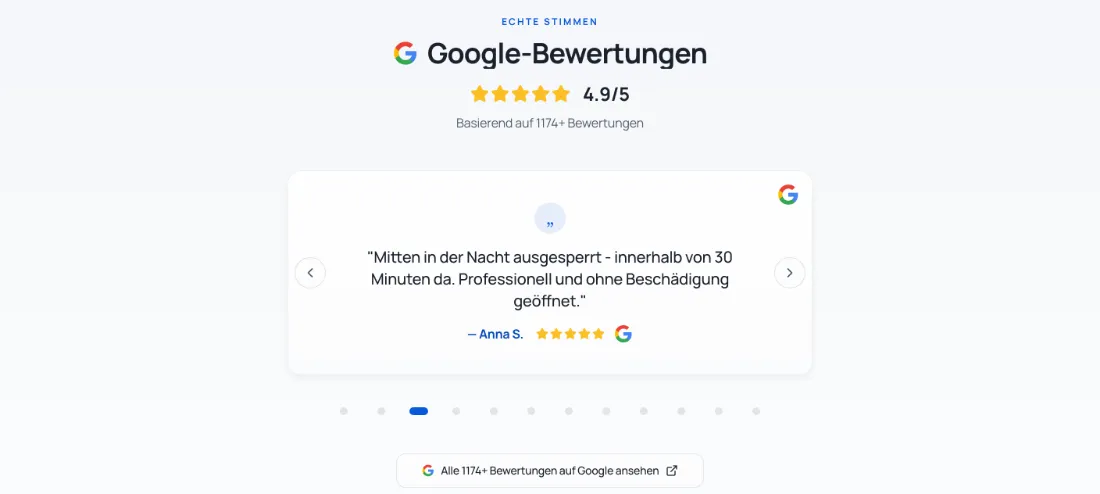 Ausschnitt der Website von Arnold, München: 4,9/5 aus 1174+ Google-Bewertungen mit Link zur Quelle — wer sucht, prüft echte Stimmen mit einem Klick.