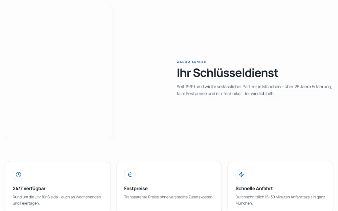 Ausschnitt der Website von Arnold, München: Seit 1999 genannt und drei Kacheln mit Kerninfos — wer sucht, erkennt 24/7, Festpreise und 15–30 Min Anfahrt sofort.