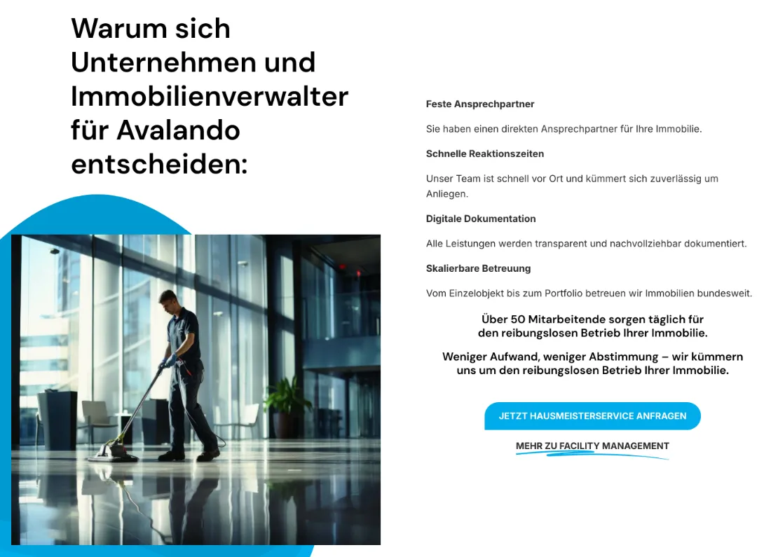 Ausschnitt der Website von Avalando Facility Management GmbH, Hamburg: Vier klare Leistungsversprechen plus die Zahl 50 beim Team — der Besucher erkennt Kapazität und weiß, was ihn konkret erwartet.
