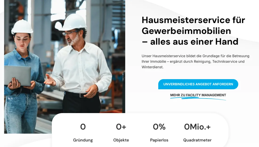 Ausschnitt der Website von Avalando Facility Management GmbH, Hamburg: Zwei Buttons decken Info- und Angebotsweg ab; drei genannte Zusatzleistungen schärfen das Paket in einem kurzen Absatz.