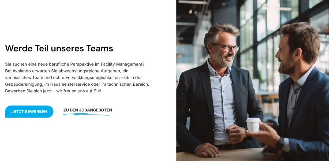 Ausschnitt der Website von Avalando Facility Management GmbH, Hamburg: Ein Absatz nennt drei Einsatzbereiche; zwei Buttons führen direkt zu Stellenliste oder Bewerbung — der Besucher verliert keine Zeit.
