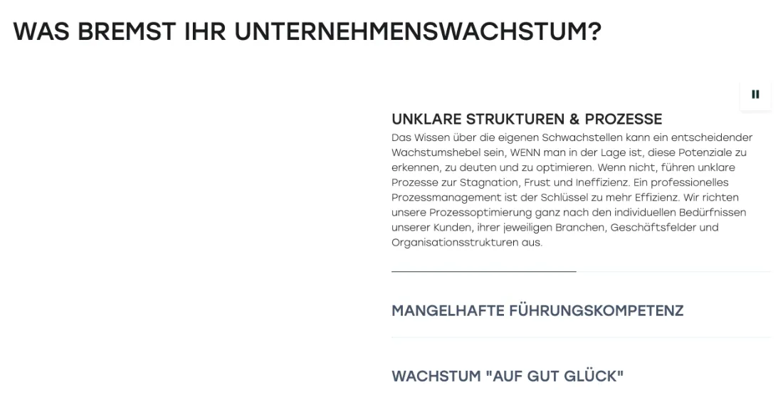 Ausschnitt der Website von Aventicon GmbH, Hamburg: Drei klar benannte Bremsen mit kurzen Erläuterungen — wer sucht, ordnet das eigene Problem schnell zu und liest gezielt weiter.