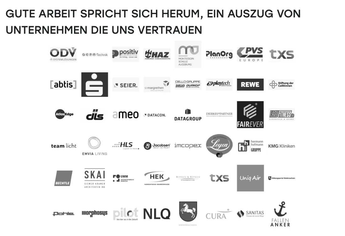 Ausschnitt der Website von Aventicon GmbH, Hamburg: 48 Logos aus unterschiedlichen Branchen belegen Referenzen — wer prüft, erkennt Bandbreite ohne lange Fallstudien.