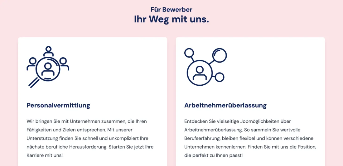 Ausschnitt der Website von Badische Personalberatung GmbH, Freiburg im Breisgau: Gleiche Doppelkachel wie im Unternehmensbereich — wer die Perspektive wechselt, findet Inhalte ohne Umgewöhnen.