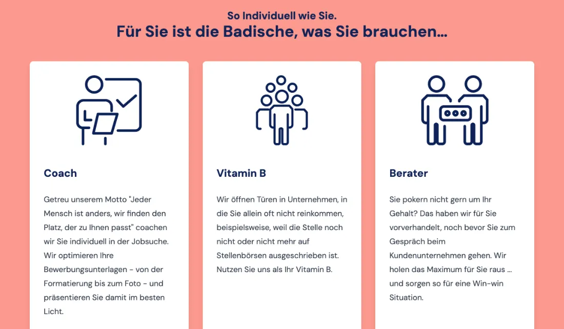 Ausschnitt der Website von Badische Personalberatung GmbH, Freiburg im Breisgau: Drei klar benannte Rollen – Coach, Vitamin B, Berater — der Besucher muss nichts erraten und versteht den Nutzen sofort.