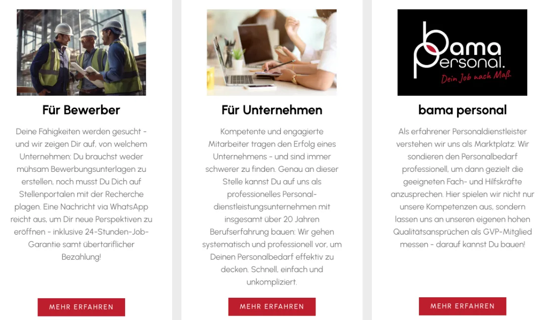 Ausschnitt der Website von bama personal GmbH, Mainz: Drei Kacheln strukturieren die Wege — wer Bewerber oder Unternehmen ist, landet per Button ohne Umweg bei passenden Infos.