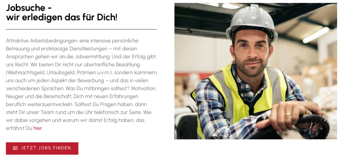 Ausschnitt der Website von bama personal GmbH, Mainz: Konkrete Vorteile wie Weihnachtsgeld, Urlaubsgeld und Prämien — der Besucher sieht sofort, was drin ist, plus Job-Button.