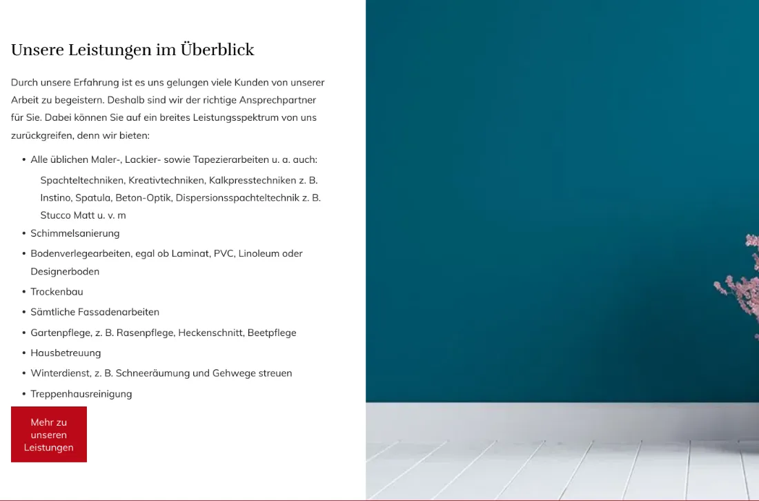 Ausschnitt der Website von Hausmeisterservice Baum, Düsseldorf: Neun Leistungen in Stichpunkten plus Button 'Mehr zu unseren Leistungen' — der Besucher muss nichts erraten und findet Details schnell.