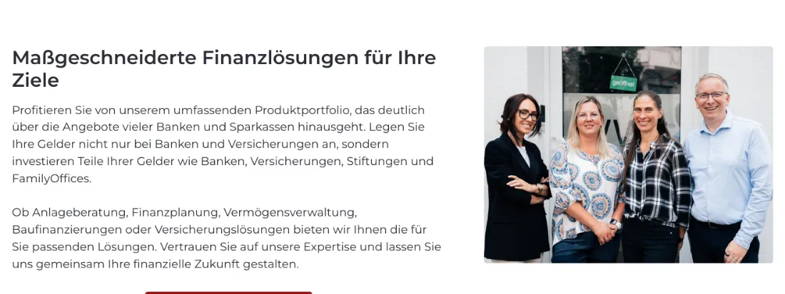 Ausschnitt der Website von WWS Werdener Wertpapier Service GmbH, Essen: Fünf Leistungsfelder ausgeschrieben neben Teamfoto — der Besucher versteht das Angebot und sieht gleich, wer dahintersteht.