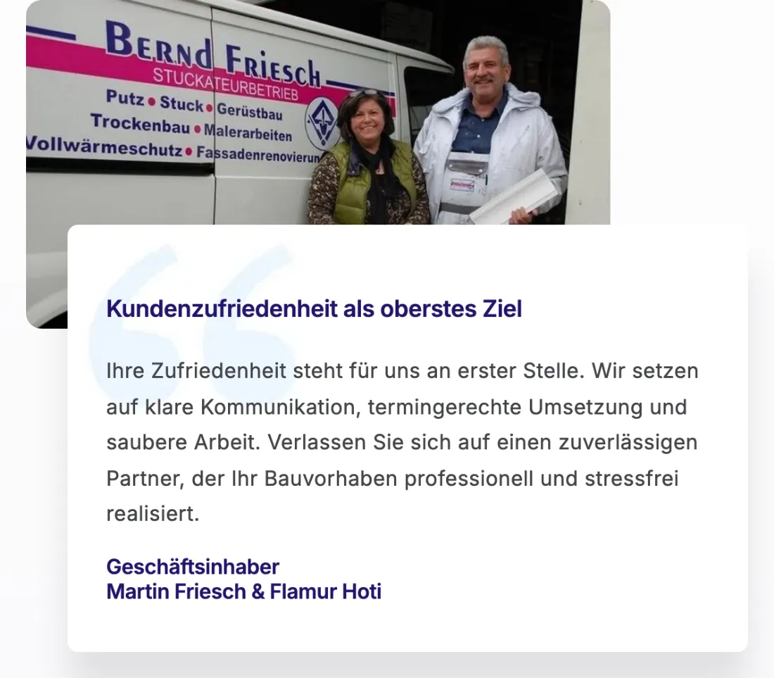 Ausschnitt der Website von Friesch + Hoti GbR Stuckateurbetrieb, Landkreis Tübingen: Zwei Inhaber namentlich genannt — der Besucher weiß sofort, wer verantwortlich ist und hat klare Ansprechpartner.