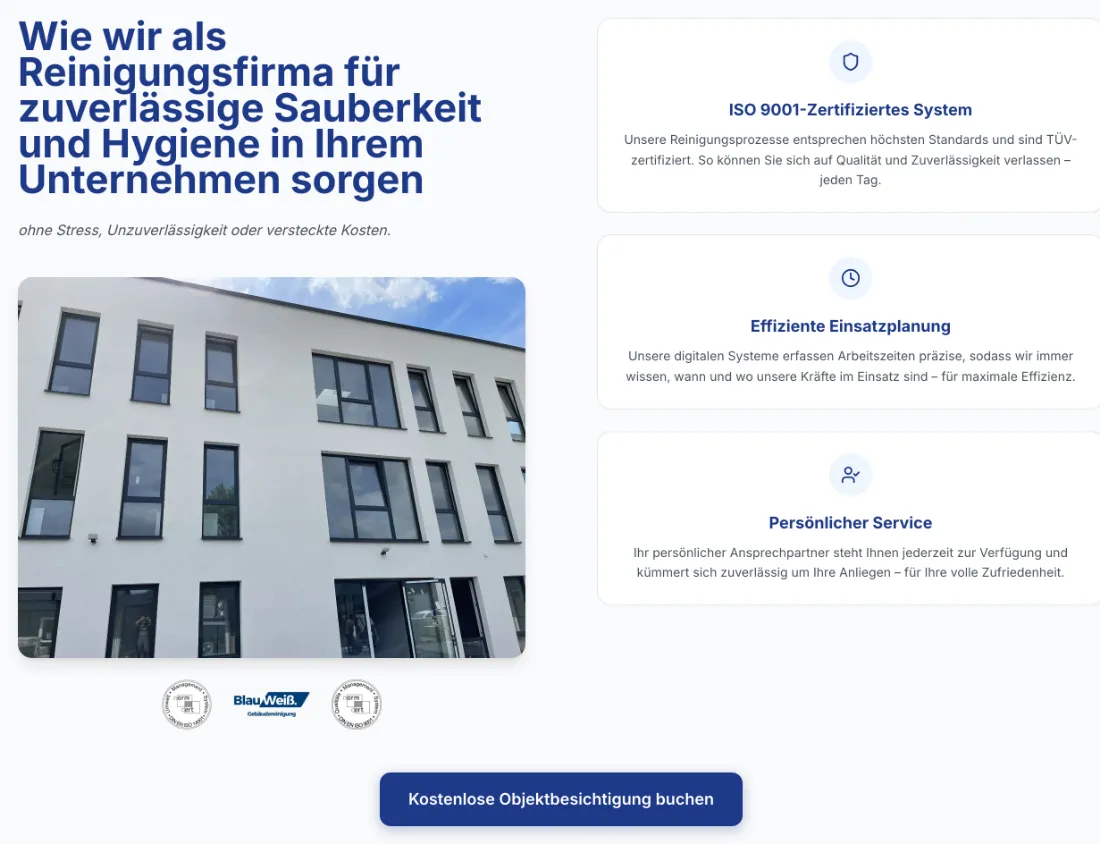 Ausschnitt der Website von Blau Weiß Gebäudereinigung, Leverkusen: Drei klar benannte Vorteile inkl. ISO 9001 — wer vergleicht, hat sofort belastbare Kriterien und einen direkten Buchungsweg.