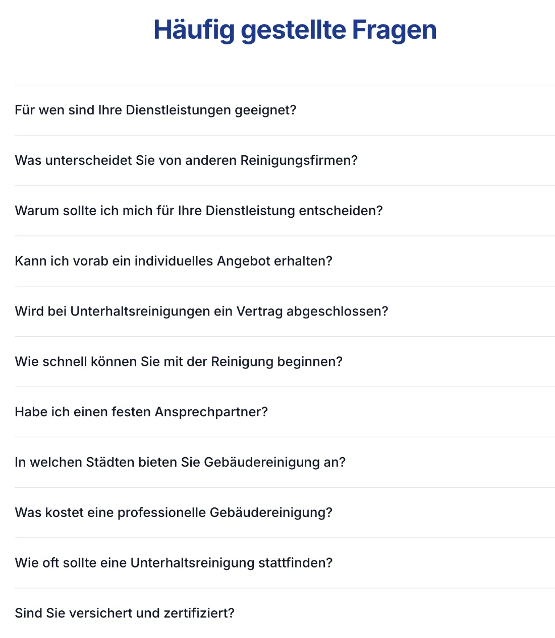 Ausschnitt der Website von Blau Weiß Gebäudereinigung, Leverkusen: Elf präzise Fragen bündeln typische Anliegen — der Besucher prüft schnell, ob Ablauf, Kosten und Startzeitpunkt beantwortet werden.