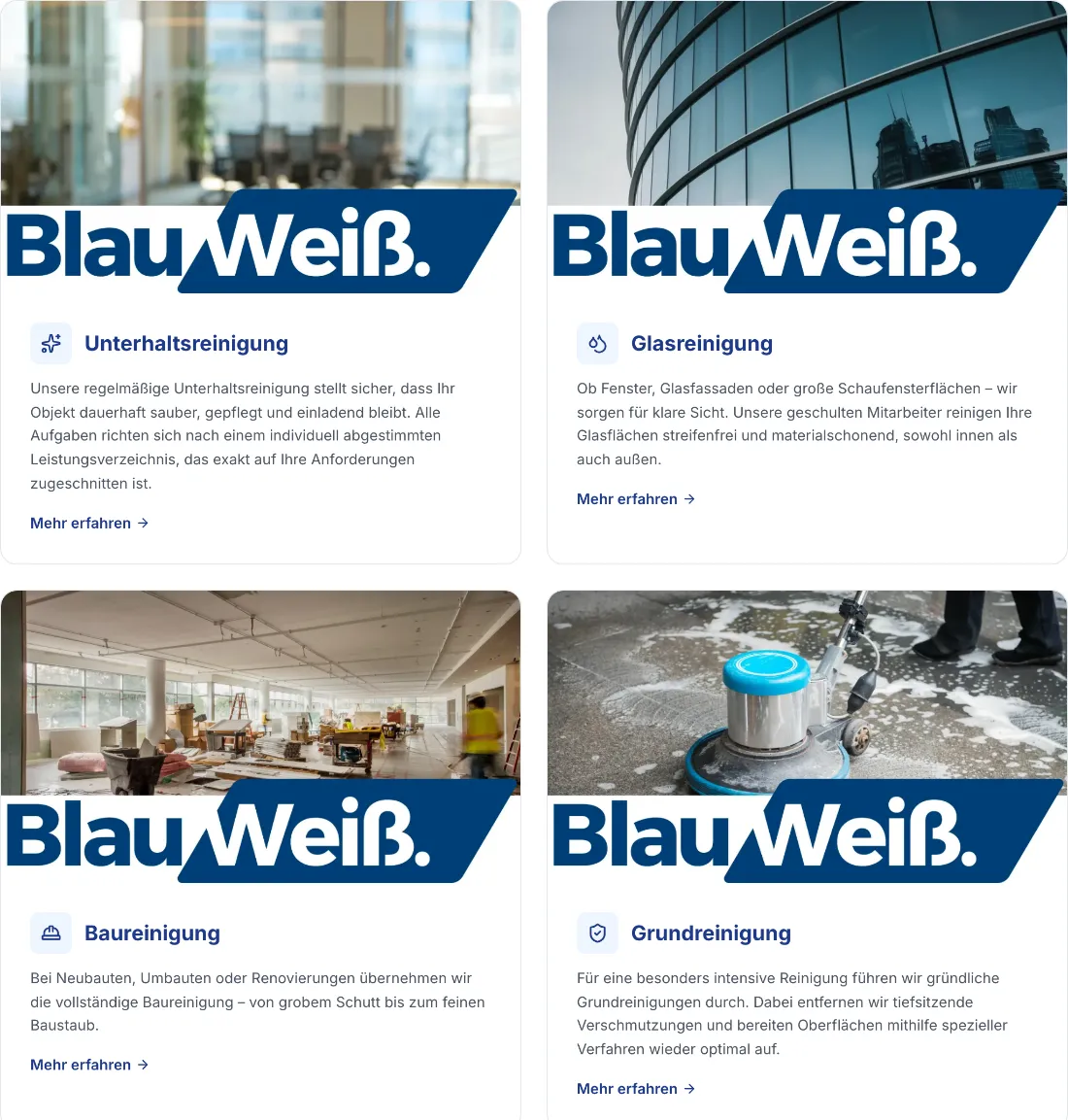 Ausschnitt der Website von Blau Weiß Gebäudereinigung, Leverkusen: Vier Leistungen mit Kurztext und Link — wer sucht, erkennt in Sekunden das Angebot und klickt gezielt zur Detailseite.