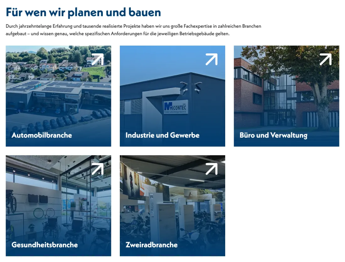 Ausschnitt der Website von Borgers GmbH Generalunternehmen, Kreis Borken: Fünf klar beschriftete Branchen-Kacheln mit Pfeil — wer sucht, erkennt sofort Relevanz und findet per Klick weiter.