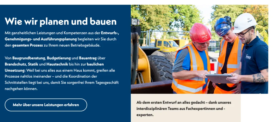 Ausschnitt der Website von Borgers GmbH Generalunternehmen, Kreis Borken: Der Ablauf wird mit sieben Stationen von Baugrundberatung bis Umsetzung benannt — der Besucher weiß, was übernommen wird.