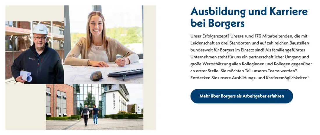 Ausschnitt der Website von Borgers GmbH Generalunternehmen, Kreis Borken: 170 Mitarbeitende an drei Standorten — wer eine Stelle sucht, kann Einsatzorte und Unternehmensgröße zuverlässig einschätzen.