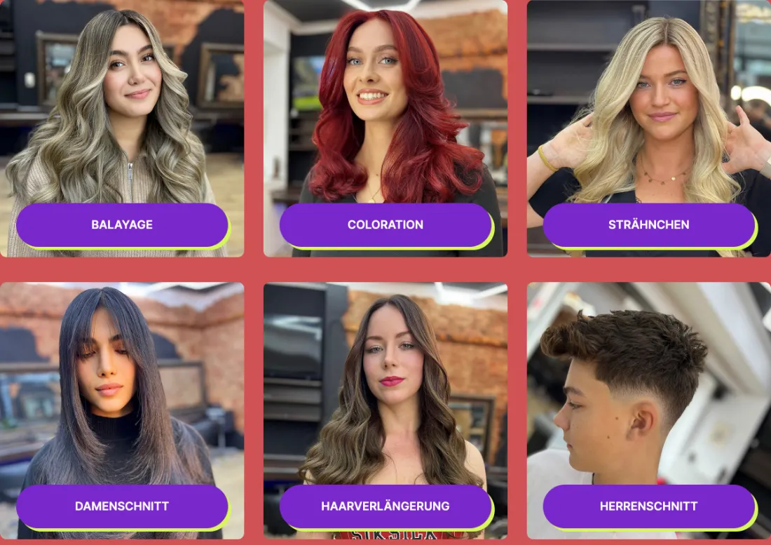 Ausschnitt der Website von Botan Friseur Salon, Bremen: 6 klar beschriftete Kacheln als Service-Buttons — wer sucht, erkennt das komplette Angebot sofort und klickt direkt weiter.