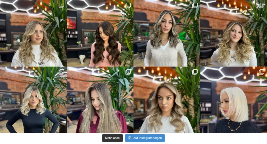 Ausschnitt der Website von Botan Friseur Salon, Bremen: 8 Beispiele im gleichen Look — der Besucher sieht die Bandbreite auf einen Blick und kann per 'Mehr laden' weiterstöbern.