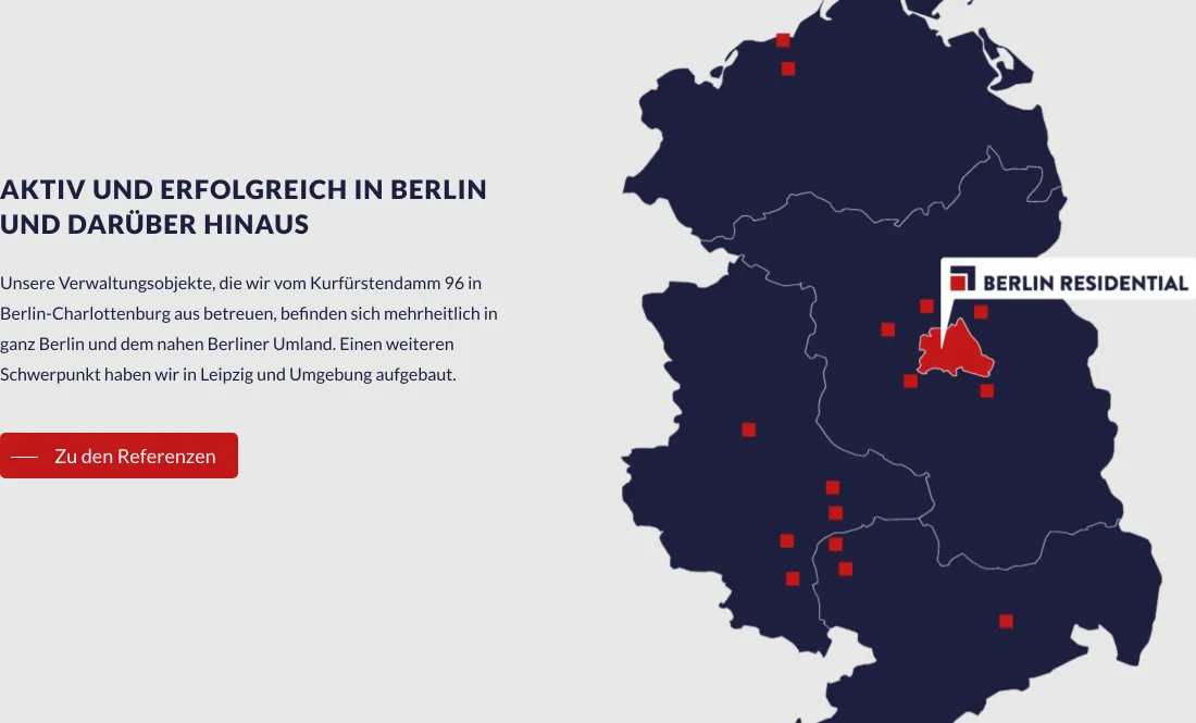 Ausschnitt der Website von BRH Berlin Residential Hausverwaltungen GmbH, Berlin: Karte mit markierten Standorten und Angabe Kurfürstendamm 96 — wer aus Berlin oder Leipzig sucht, erkennt sofort das Einzugsgebiet.