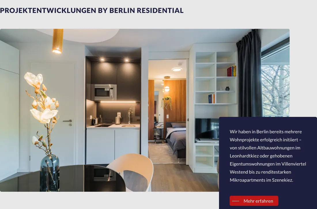 Ausschnitt der Website von BRH Berlin Residential Hausverwaltungen GmbH, Berlin: Konkrete Beispiele aus drei Kiezen und Wohnungstypen — der Besucher versteht das Spektrum und klickt bei Bedarf auf 'Mehr erfahren'.