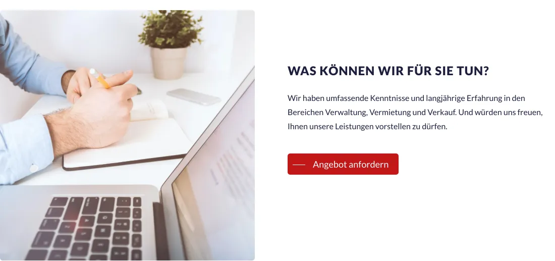 Ausschnitt der Website von BRH Berlin Residential Hausverwaltungen GmbH, Berlin: Klarer Button 'Angebot anfordern' neben kurzer Einleitung — der Besucher erkennt sofort den nächsten Schritt zur Anfrage.