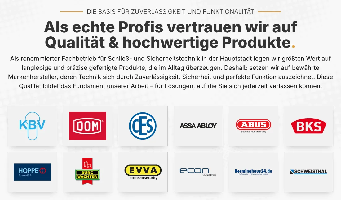 Ausschnitt der Website von BSS Schlüsseldienst & Sicherheitstechnik, Berlin: Zwölf Herstellerlogos auf einen Blick — zeigt, mit welchen Systemen gearbeitet wird, und erleichtert die Produktauswahl.
