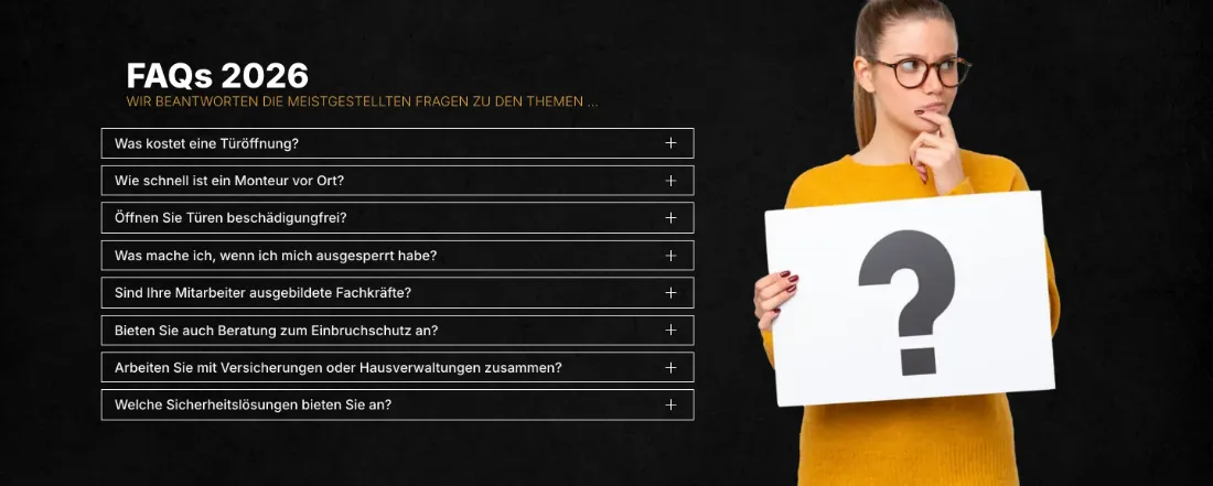 Ausschnitt der Website von BSS Schlüsseldienst & Sicherheitstechnik, Berlin: Acht präzise FAQs mit Aufklappfunktion — nimmt die häufigsten Sorgen vorweg und reduziert Rückfragen per Telefon und Mail.