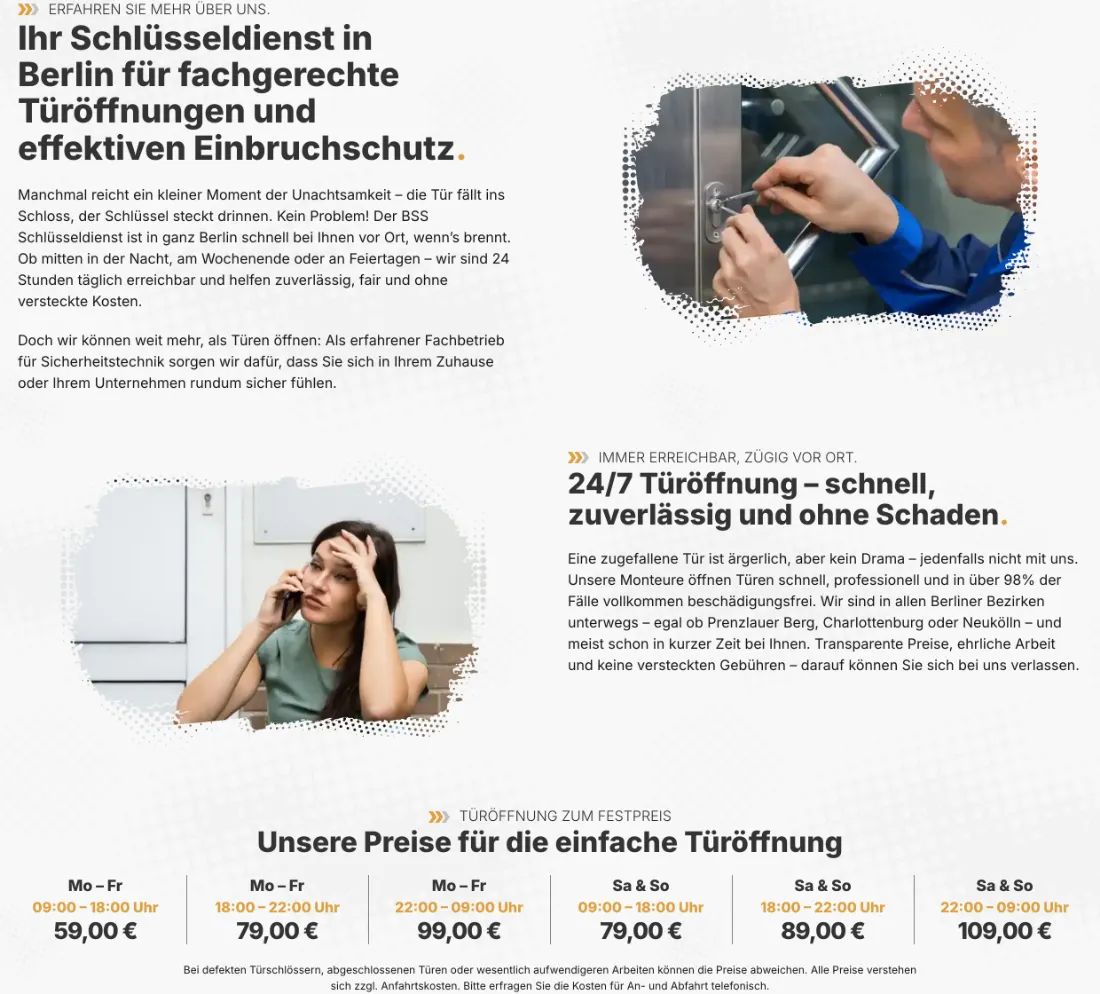 Ausschnitt der Website von BSS Schlüsseldienst & Sicherheitstechnik, Berlin: Sechs Festpreise mit Uhrzeiten — wer plant, weiß vorab von 59 € bis 109 € genau, was die Türöffnung zu jeder Tageszeit kostet.