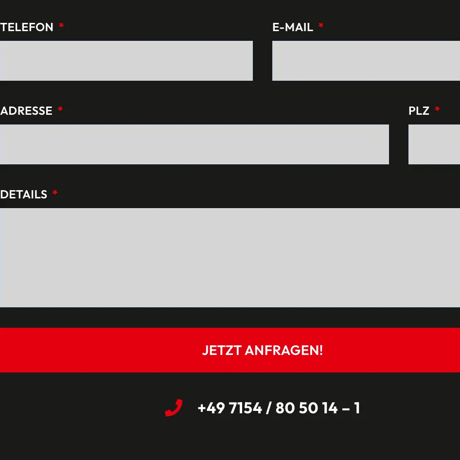 Ausschnitt der Website von Dachdeckermeisterbetrieb Philipp Bühler, Landkreis Ludwigsburg: Fünf Pflichtfelder, großer Button und Rufnummer darunter — der Besucher wählt zwischen schnellem Anruf und fixem Formular.