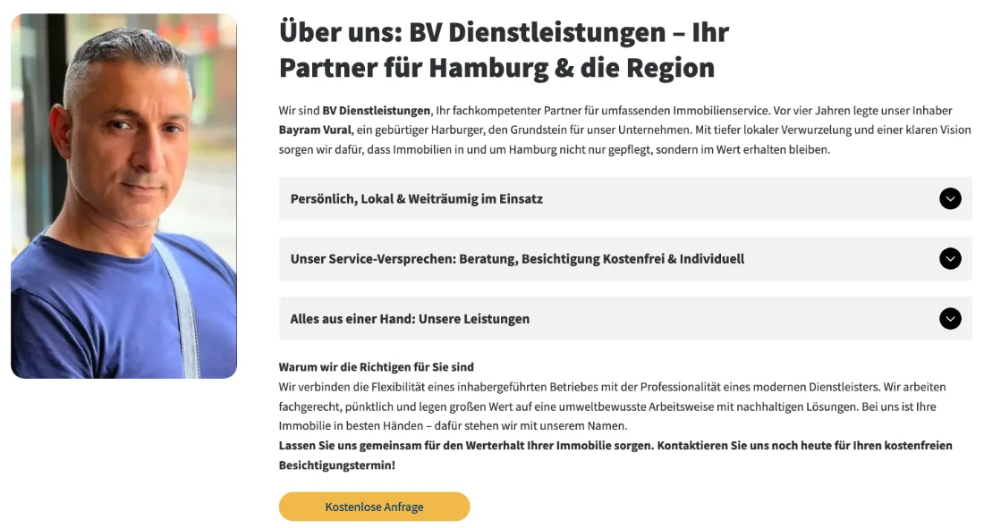 Ausschnitt der Website von BV Dienstleistungen, Hamburg: Drei aufklappbare Punkte bündeln Versprechen und Leistungen — der Besucher scannt schnell und findet Details nur bei Bedarf.