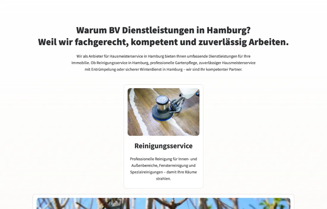 Ausschnitt der Website von BV Dienstleistungen, Hamburg: Einstiegsabsatz fasst alle Dienste von Reinigung bis Winterdienst zusammen — wer vergleicht, erkennt Umfang ohne Klicks.