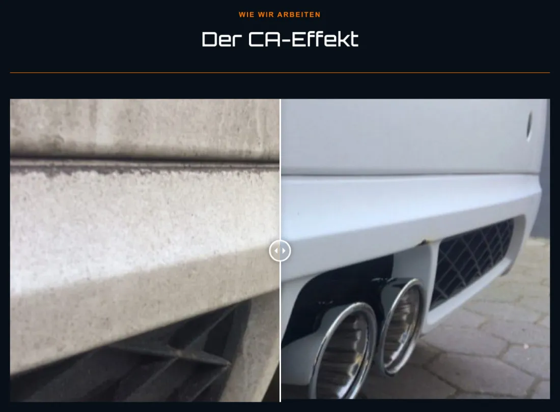 Ausschnitt der Website von CA-Fahrzeugaufbereitung, Dortmund: Vorher-nachher-Slider macht den Unterschied sichtbar – der Besucher sieht den Reinigungseffekt sofort, ohne Erklärtexte.