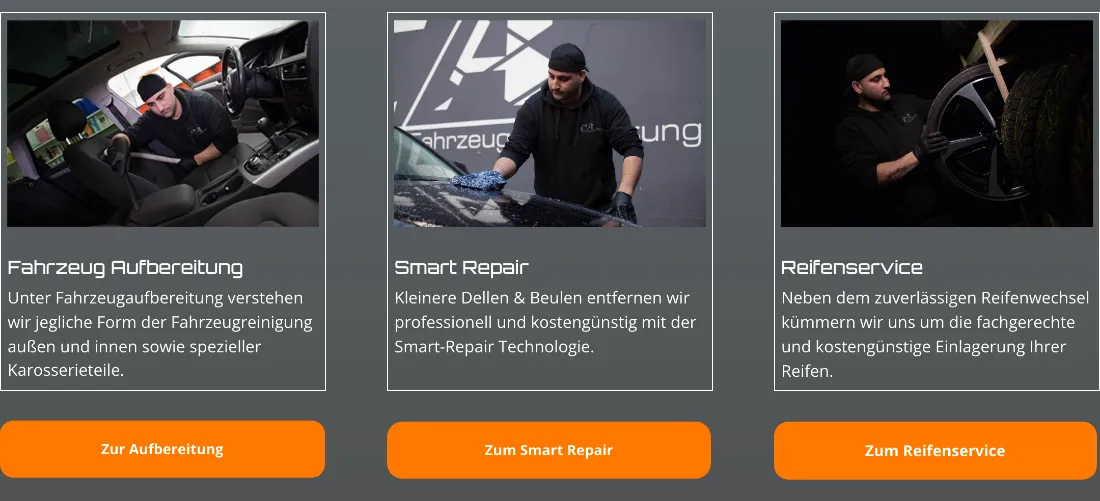 Ausschnitt der Website von CA-Fahrzeugaufbereitung, Dortmund: Drei Kacheln mit kurzen Beschreibungen und klaren Buttons – der Besucher wählt die passende Leistung, ohne durchs Menü zu irren.