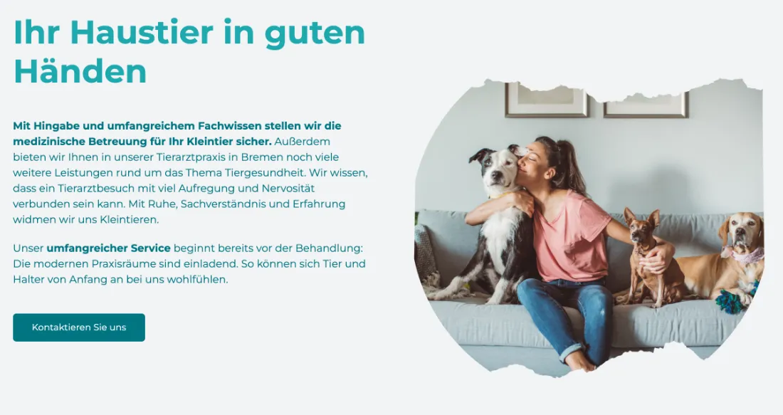 Ausschnitt der Website von Cadomo Beteiligungs GmbH, München: Konkrete Nennung von Kleintieren und Bremen gleich am Einstieg — wer sucht, prüft Eignung und Entfernung ohne Scrollen.