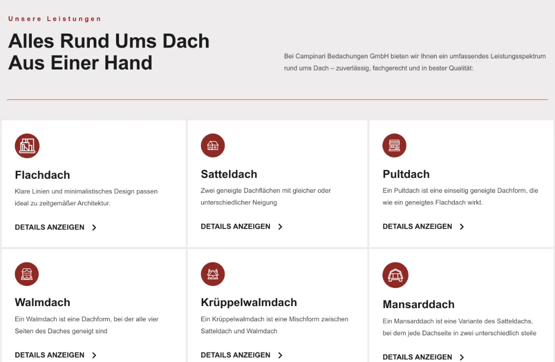 Ausschnitt der Website von Campinari Bedachungen GmbH, Rems-Murr-Kreis: Sechs Kacheln mit Dachformen und Link Details anzeigen je Karte — wer sucht, erkennt schnell das passende Thema und klickt tiefer.