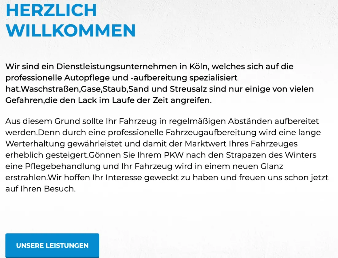 Ausschnitt der Website von CAR CLEAN, Köln: Ort und Spezialisierung stehen gleich oben, gefolgt vom Button 'Unsere Leistungen' — so findet der Besucher schnell den Einstieg.