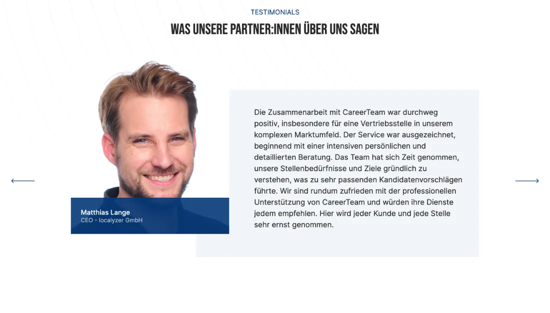 Ausschnitt der Website von CareerTeam GmbH, Hamburg: Zitat mit Porträt und Funktionszeile — wer Referenzen prüft, erkennt Quelle und Kontext auf einen Blick und spart Recherche.