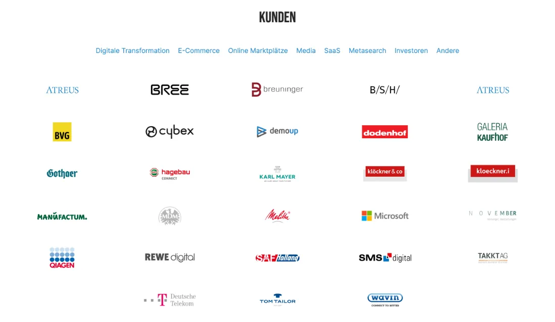 Ausschnitt der Website von CareerTeam GmbH, Hamburg: Logo-Übersicht mit Branchenfiltern oben — wer prüft Erfahrung, sieht echte Referenzen und filtert nach passendem Umfeld.