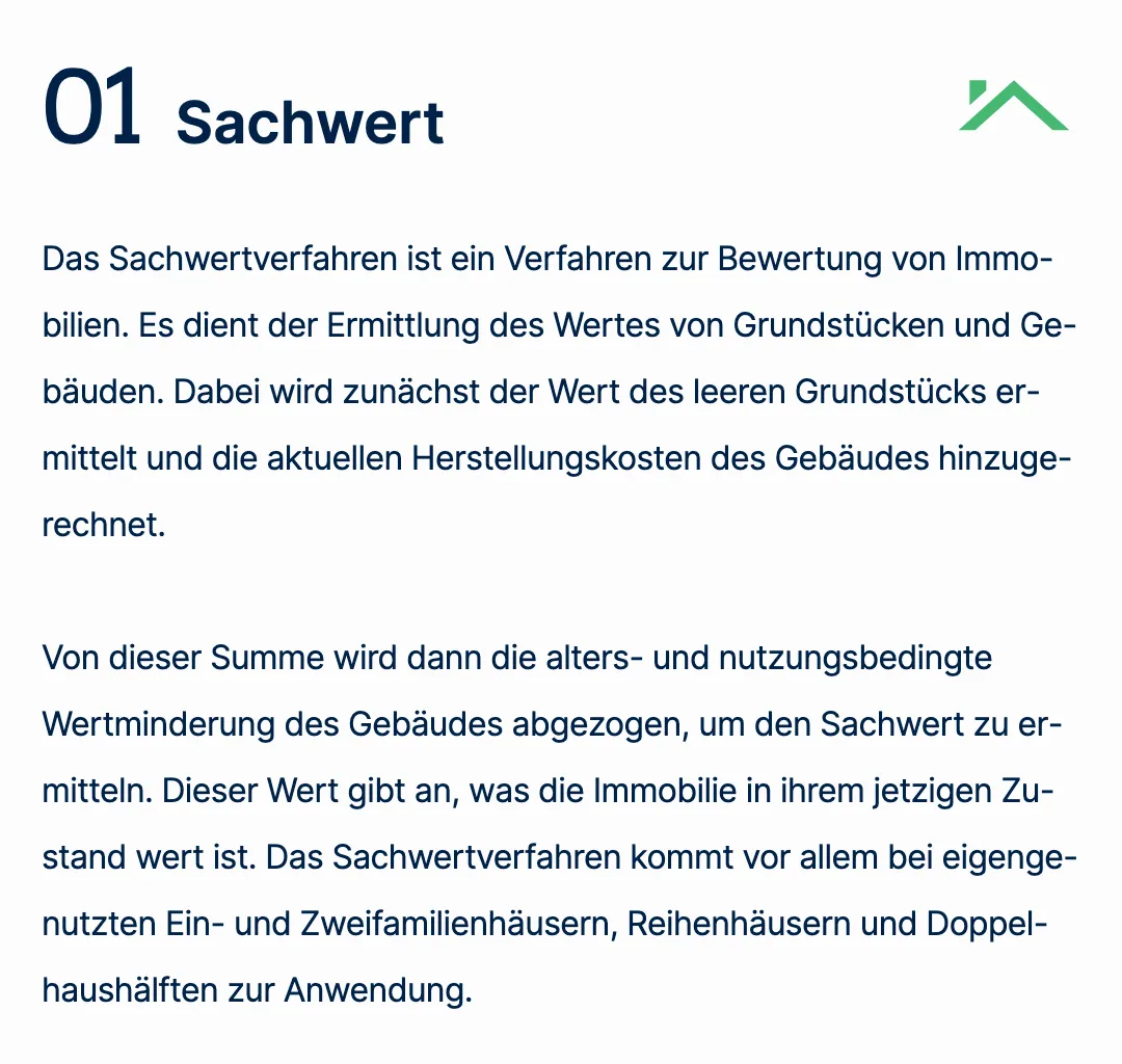 Ausschnitt der Website von CERTA GmbH, Köln: Schrittfolge mit Formel: Grundstückswert + Baukosten - Altersminderung — so versteht der Besucher den Sachwert ohne Rätsel.