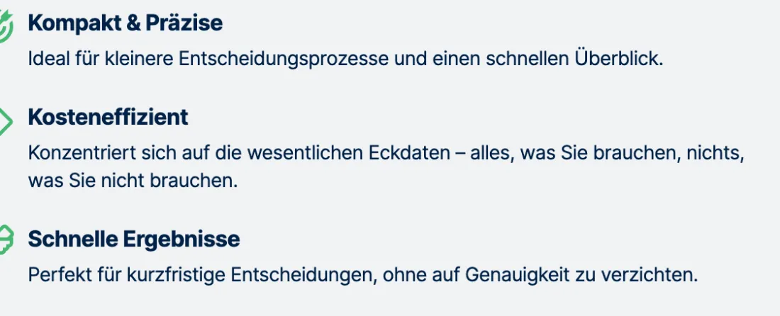 Ausschnitt der Website von CERTA GmbH, Köln: Drei prägnante Nutzenpunkte mit klaren Überschriften — wer vergleicht, erkennt Fokus auf Überblick, Kosten und schnelle Ergebnisse.