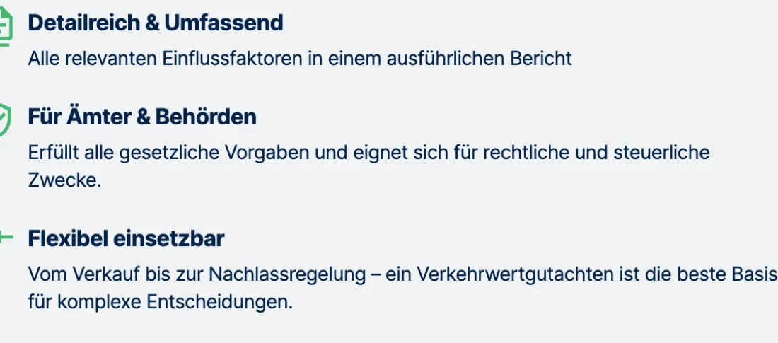 Ausschnitt der Website von CERTA GmbH, Köln: Drei Punkte zu Tiefe, Eignung für Behörden und Einsatz vom Verkauf bis Nachlass — der Besucher sieht sofort, wofür das Gutachten dient.