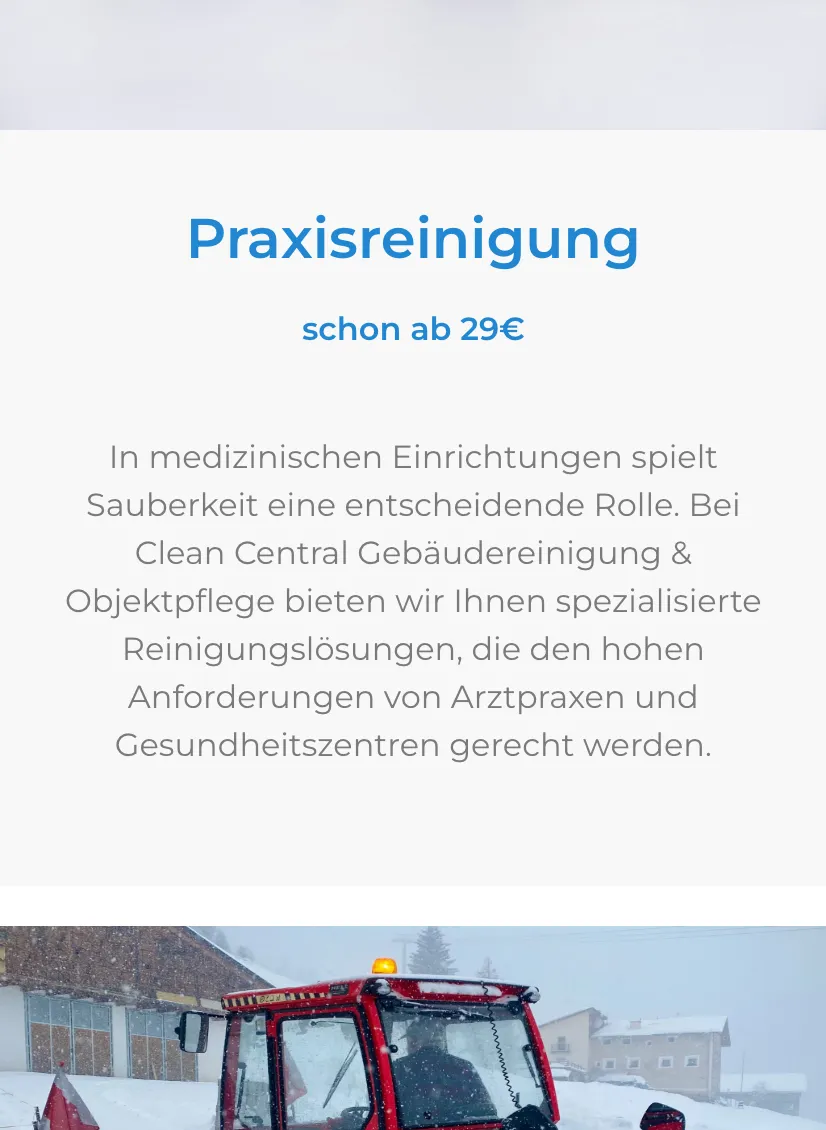Ausschnitt der Website von Clean Central Gebäudereinigung, München: Klares Leistungslabel 'Praxisreinigung' plus Preis 'ab 29€' — wer sucht, erkennt Zielgruppe und Budget auf einen Blick.