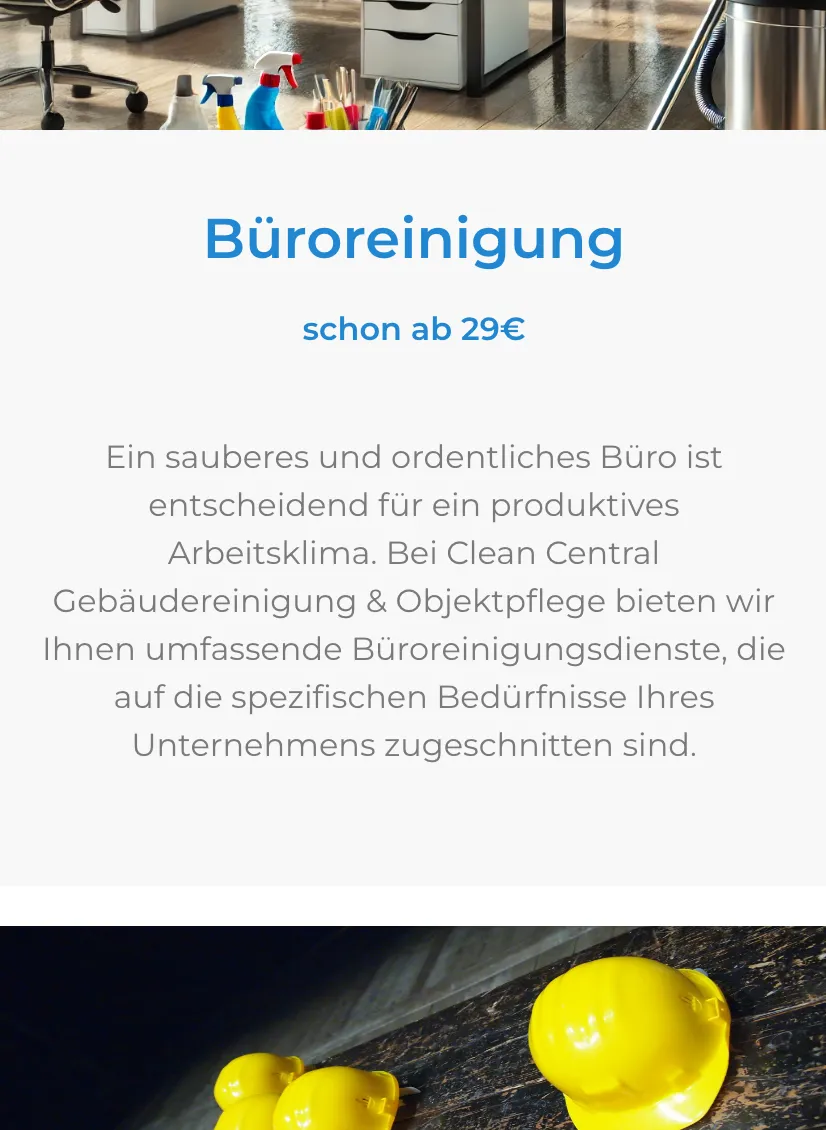 Ausschnitt der Website von Clean Central Gebäudereinigung, München: Wiederkehrender Preisanker 'ab 29€' in gleicher Struktur wie die anderen — der Besucher muss nichts erraten und vergleicht schnell.