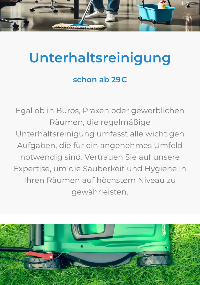 Ausschnitt der Website von Clean Central Gebäudereinigung, München: Der Abschnitt nennt drei Einsatzorte (Büros, Praxen, gewerbliche Räume) — wer sucht, prüft rasch, ob der Service passt.